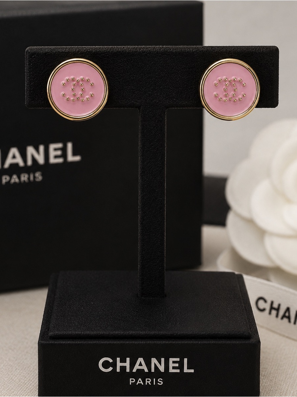 CHANEL Pastel Pink Round Logo Stud Earrings 1.4cm